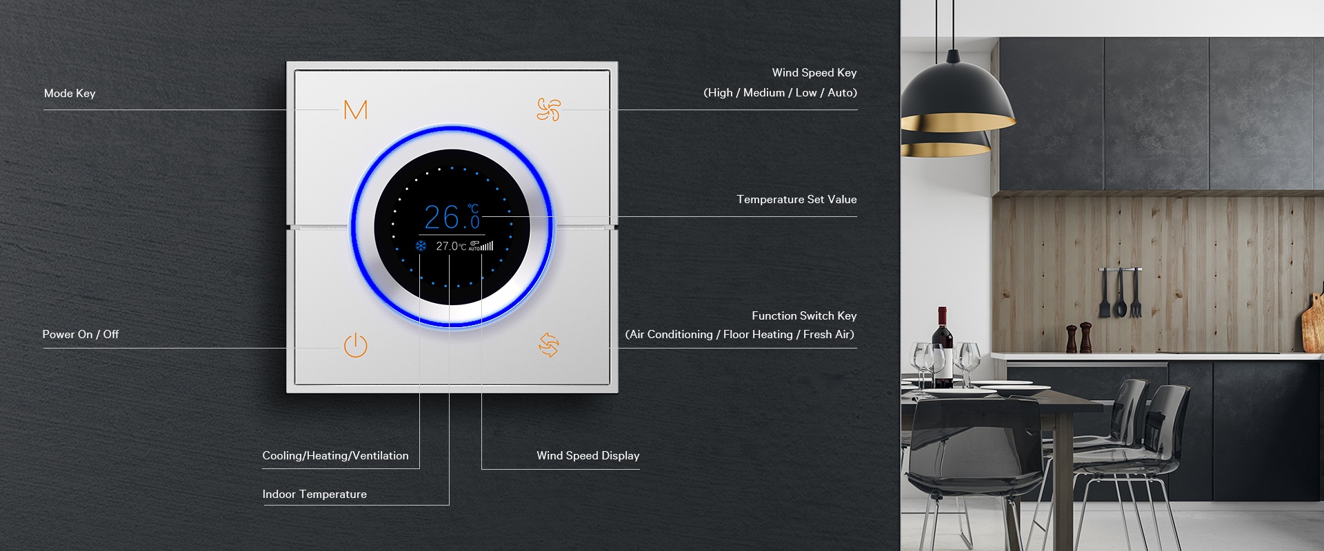 knx metal thermostat of ac, underfloor heating, and fresh air contorl function